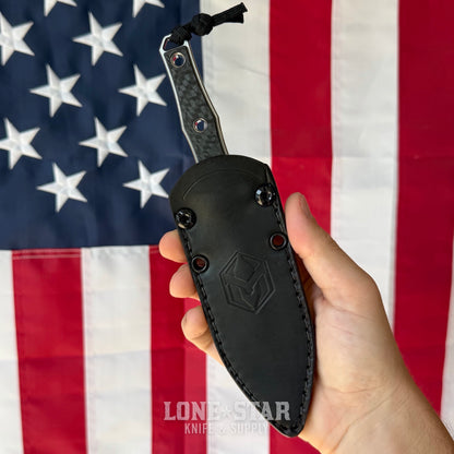 Heretic Mini Nephilim 4" MagnaCut Dagger, Stonewash, Carbon Fiber Scales, JRE Leather Sheath - Made in USA (H069-2A-CF)