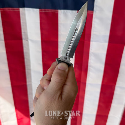 Heretic Mini Nephilim 4" MagnaCut Dagger, Stonewash, Carbon Fiber Scales, JRE Leather Sheath - Made in USA (H069-2A-CF)