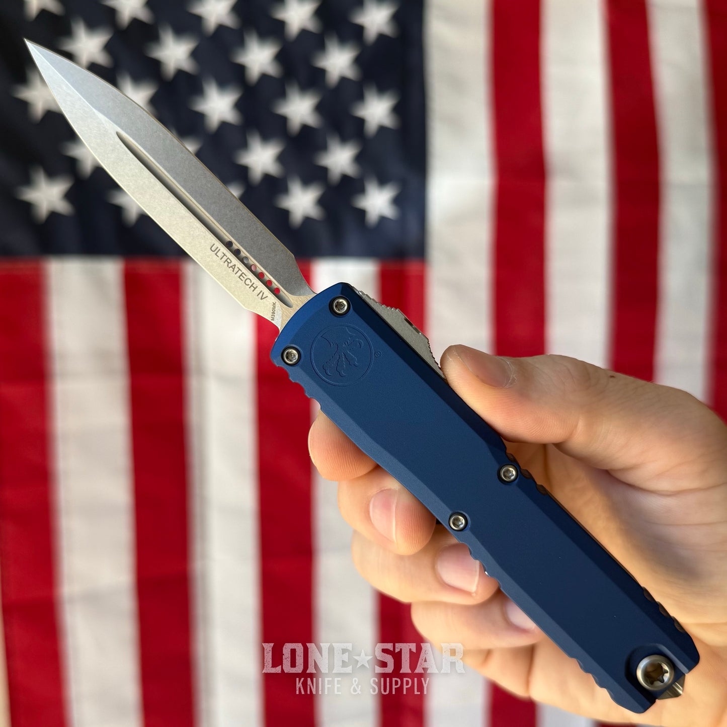 The Back Door: Microtech Ultratech Gen IV Auto Knife – 3.5” Double Edge Dagger, Stonewash, Navy Blue Handle, OTF – Made in USA (11224-10NA) (Blem, kind of)
