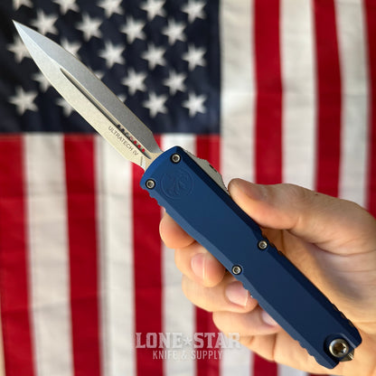 The Back Door: Microtech Ultratech Gen IV Auto Knife – 3.5” Double Edge Dagger, Stonewash, Navy Blue Handle, OTF – Made in USA (11224-10NA) (Blem, kind of)