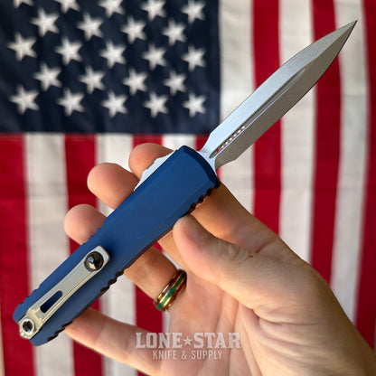 The Back Door: Microtech Ultratech Gen IV Auto Knife – 3.5” Double Edge Dagger, Stonewash, Navy Blue Handle, OTF – Made in USA (11224-10NA) (Blem, kind of)