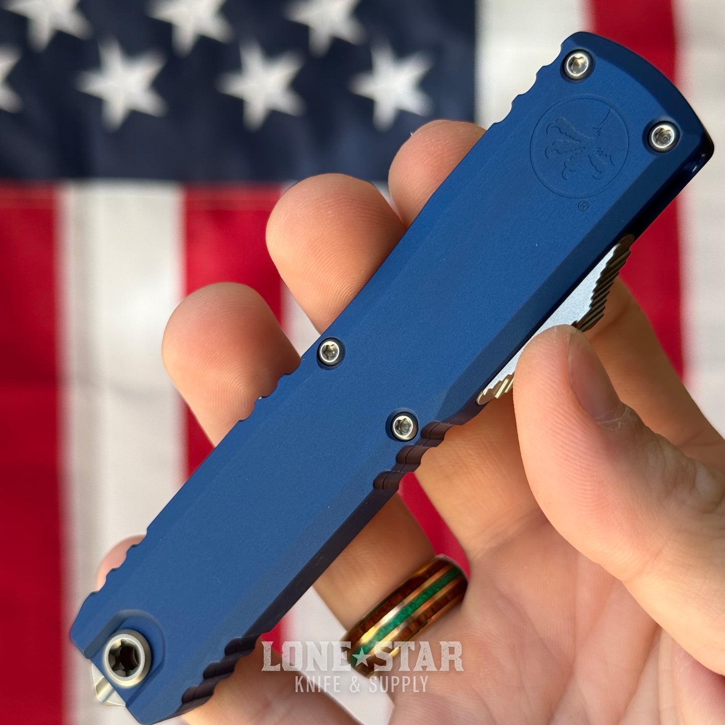 The Back Door: Microtech Ultratech Gen IV Auto Knife – 3.5” Double Edge Dagger, Stonewash, Navy Blue Handle, OTF – Made in USA (11224-10NA) (Blem, kind of)