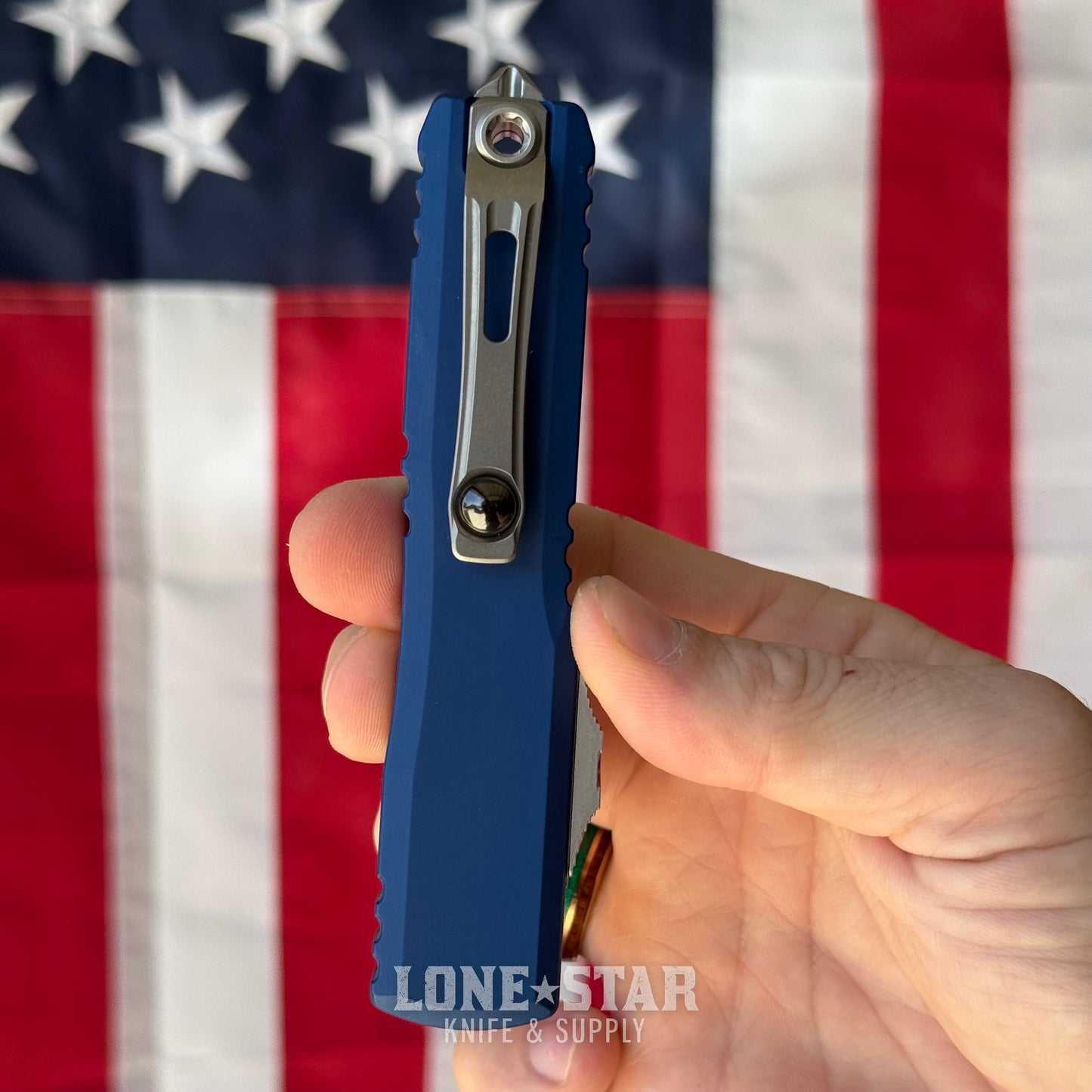 The Back Door: Microtech Ultratech Gen IV Auto Knife – 3.5” Double Edge Dagger, Stonewash, Navy Blue Handle, OTF – Made in USA (11224-10NA) (Blem, kind of)