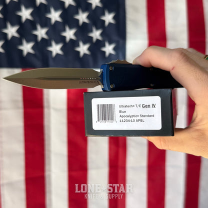The Back Door: Microtech Ultratech Gen IV Auto Knife – 3.5” Double Edge Dagger, Stonewash, Navy Blue Handle, OTF – Made in USA (11224-10NA) (Blem, kind of)