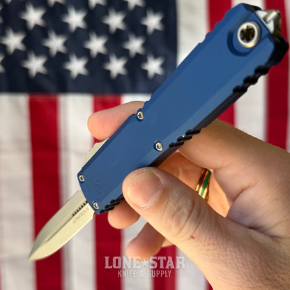 The Back Door: Microtech Ultratech Gen IV Auto Knife – 3.5” Double Edge Dagger, Stonewash, Navy Blue Handle, OTF – Made in USA (11224-10NA) (Blem, kind of)