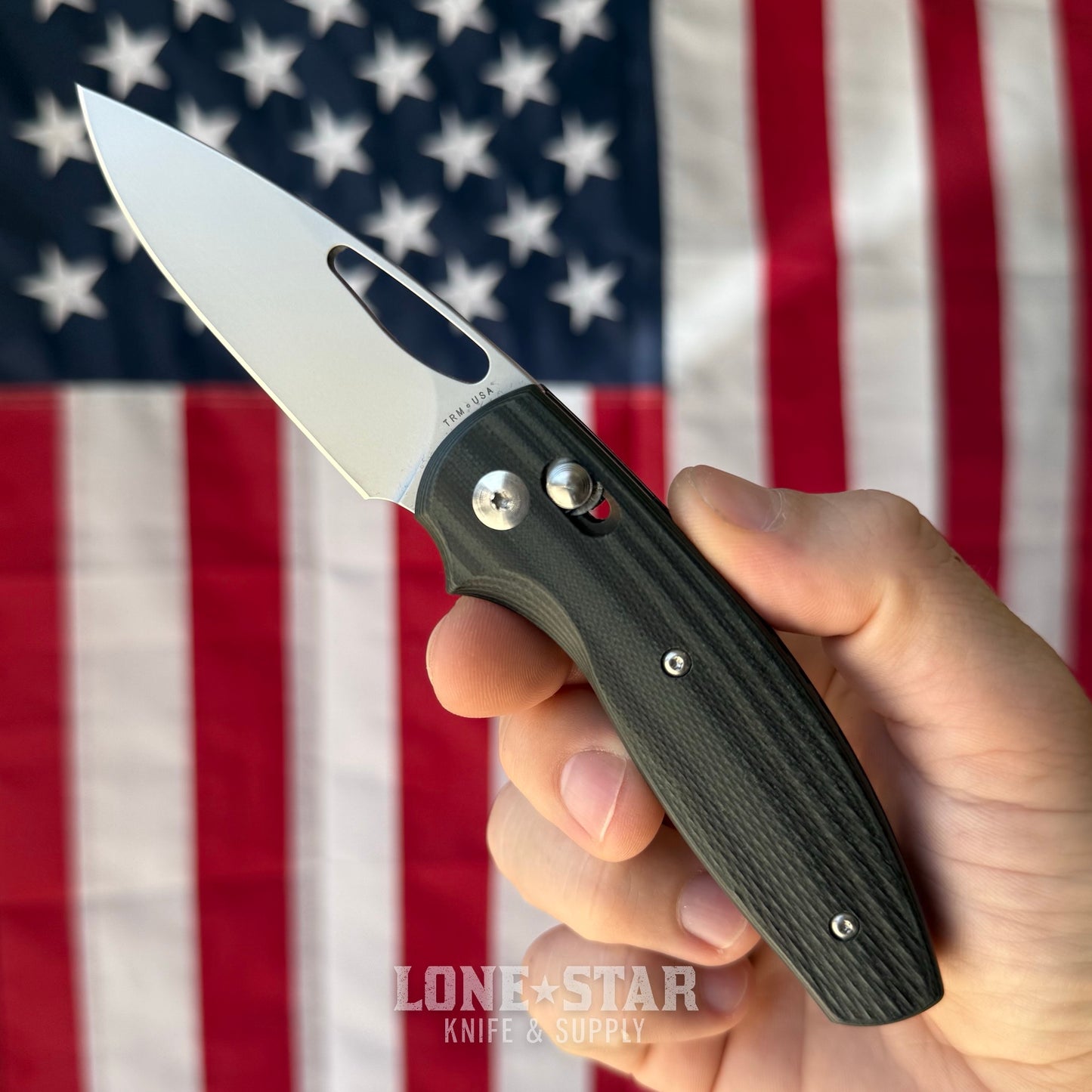 The Back Door: Used - TRM BULLDOG Rev B 2.95" Drop Point, CPM-MagnaCut, OD Green and Black G10 Lizard Skin, River-LOK - Made in USA