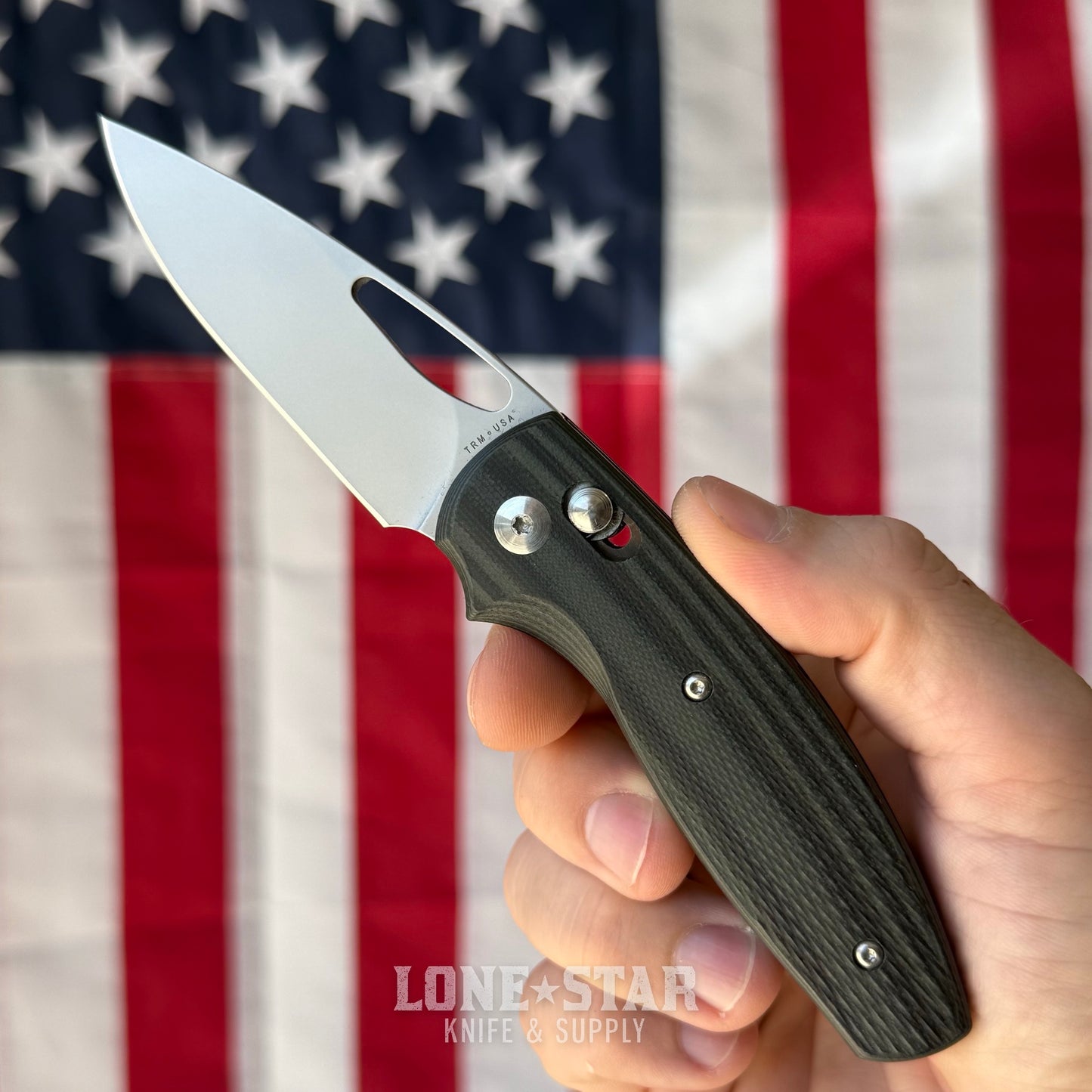 The Back Door: Used - TRM BULLDOG Rev B 2.95" Drop Point, CPM-MagnaCut, OD Green and Black G10 Lizard Skin, River-LOK - Made in USA