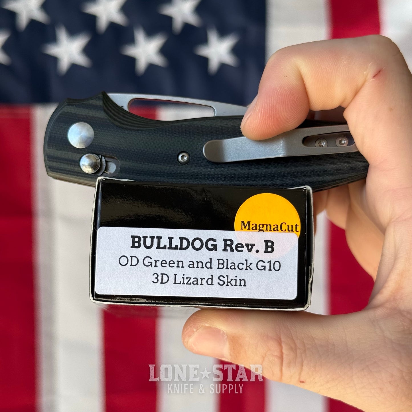 The Back Door: Used - TRM BULLDOG Rev B 2.95" Drop Point, CPM-MagnaCut, OD Green and Black G10 Lizard Skin, River-LOK - Made in USA