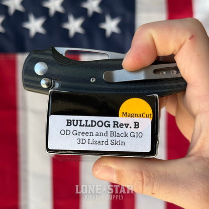 The Back Door: Used - TRM BULLDOG Rev B 2.95" Drop Point, CPM-MagnaCut, OD Green and Black G10 Lizard Skin, River-LOK - Made in USA