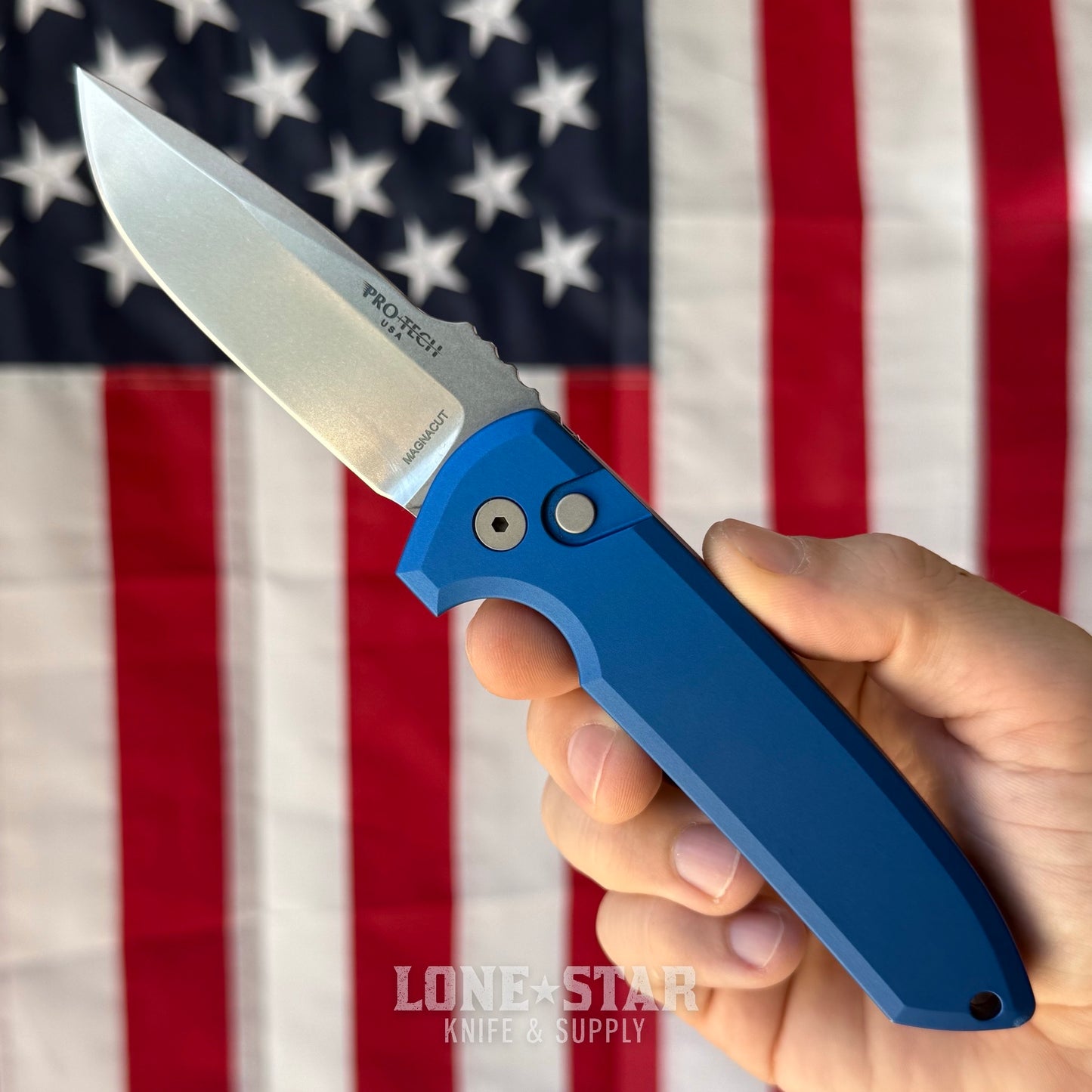 The Back Door: Used - Pro-Tech Rockeye LG3101-Blue 3.4" Drop Point, CPM-MagnaCut Stonewash, Blue Aluminum, Automatic - Made in USA