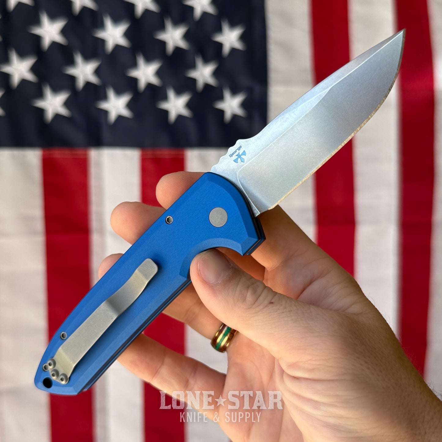 The Back Door: Used - Pro-Tech Rockeye LG3101-Blue 3.4" Drop Point, CPM-MagnaCut Stonewash, Blue Aluminum, Automatic - Made in USA