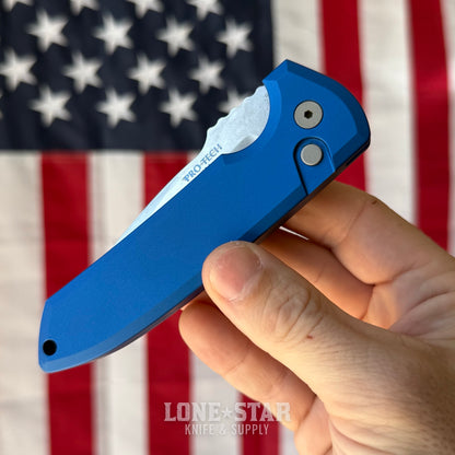 The Back Door: Used - Pro-Tech Rockeye LG3101-Blue 3.4" Drop Point, CPM-MagnaCut Stonewash, Blue Aluminum, Automatic - Made in USA