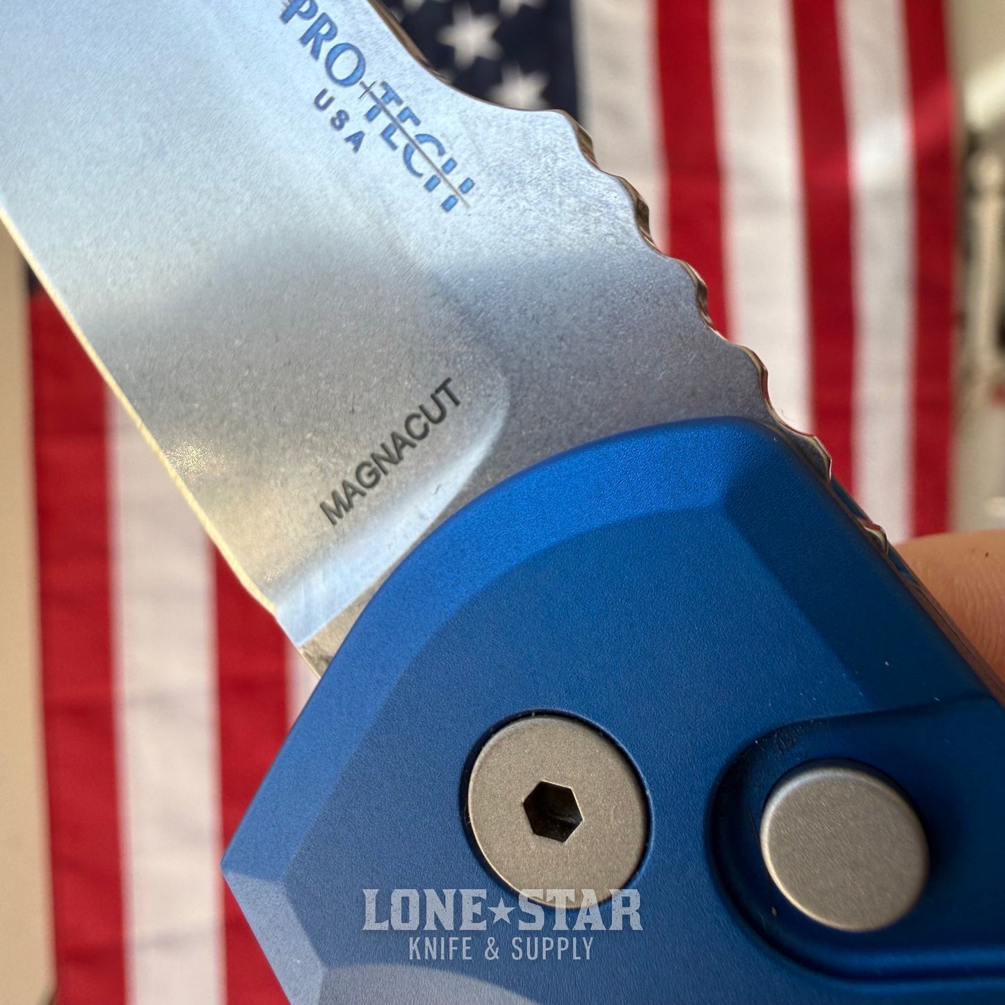 The Back Door: Used - Pro-Tech Rockeye LG3101-Blue 3.4" Drop Point, CPM-MagnaCut Stonewash, Blue Aluminum, Automatic - Made in USA