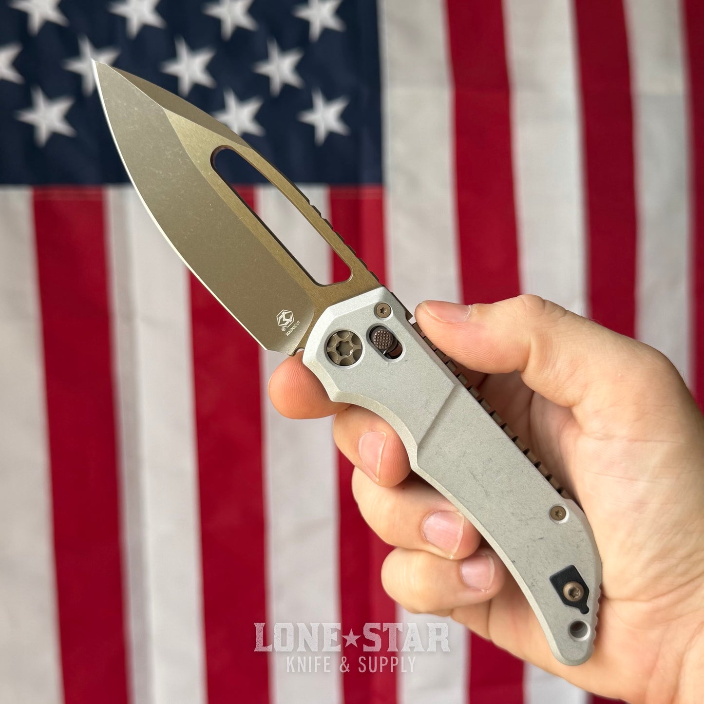Heretic Blizzard Bronze Koschei Folding Knife - Blizzardworn Aluminum, 3.5" MagnaCut Bronze Drop Point, Crossbar Lock - Made in USA (H061-7A-BLZ)