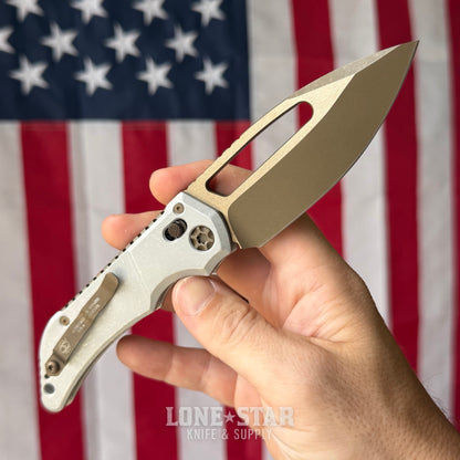 Heretic Blizzard Bronze Koschei Folding Knife - Blizzardworn Aluminum, 3.5" MagnaCut Bronze Drop Point, Crossbar Lock - Made in USA (H061-7A-BLZ)