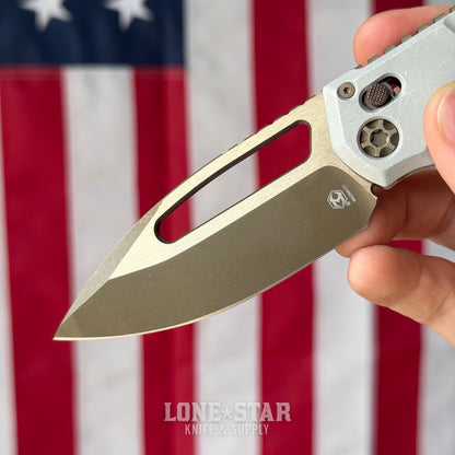 Heretic Blizzard Bronze Koschei Folding Knife - Blizzardworn Aluminum, 3.5" MagnaCut Bronze Drop Point, Crossbar Lock - Made in USA (H061-7A-BLZ)