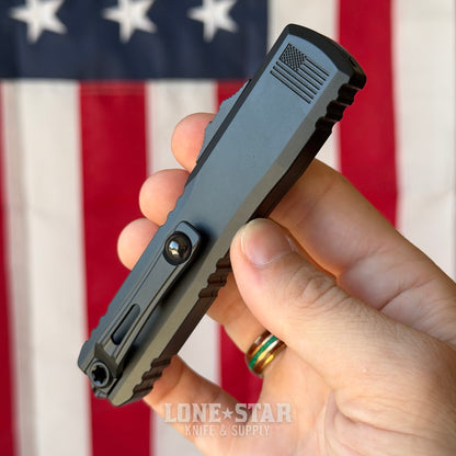 Microtech Ultratech Gen III ZBP S/E OTF Auto Knife - Black Aluminum, 3.55" M390MK, Deep Engraved USA Flag - Made in USA (1121-1T-DFLAG)