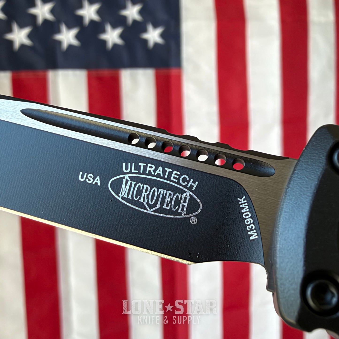 Microtech Ultratech Gen III ZBP S/E OTF Auto Knife - Black Aluminum, 3.55" M390MK, Deep Engraved USA Flag - Made in USA (1121-1T-DFLAG)