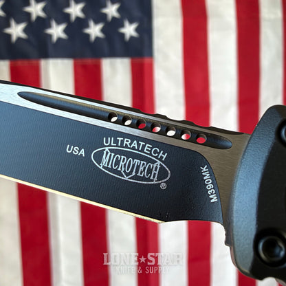 Microtech Ultratech Gen III ZBP S/E OTF Auto Knife - Black Aluminum, 3.55" M390MK, Deep Engraved USA Flag - Made in USA (1121-1T-DFLAG)