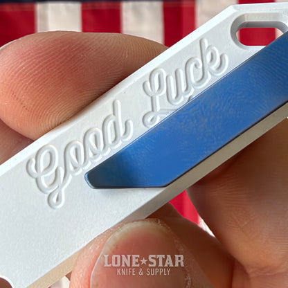 OEGEDCxLSKS MERICA Good Luck Pry - White Cerakote Titanium, G10 Flag Inlay, Blue deep carry clip - Lone Star Exclusive - Made in USA (OEG-LSKS-MERICAGLP)