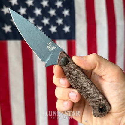 The Back Door: Benchmade Dacian Fixed Blade - Brown Canvas Micarta, 3.54" CPM-MagnaCut Spear Point, Leather Sheath - Made in USA (203BT-03) (Trade In)