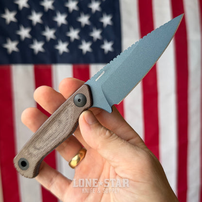 The Back Door: Benchmade Dacian Fixed Blade - Brown Canvas Micarta, 3.54" CPM-MagnaCut Spear Point, Leather Sheath - Made in USA (203BT-03) (Trade In)