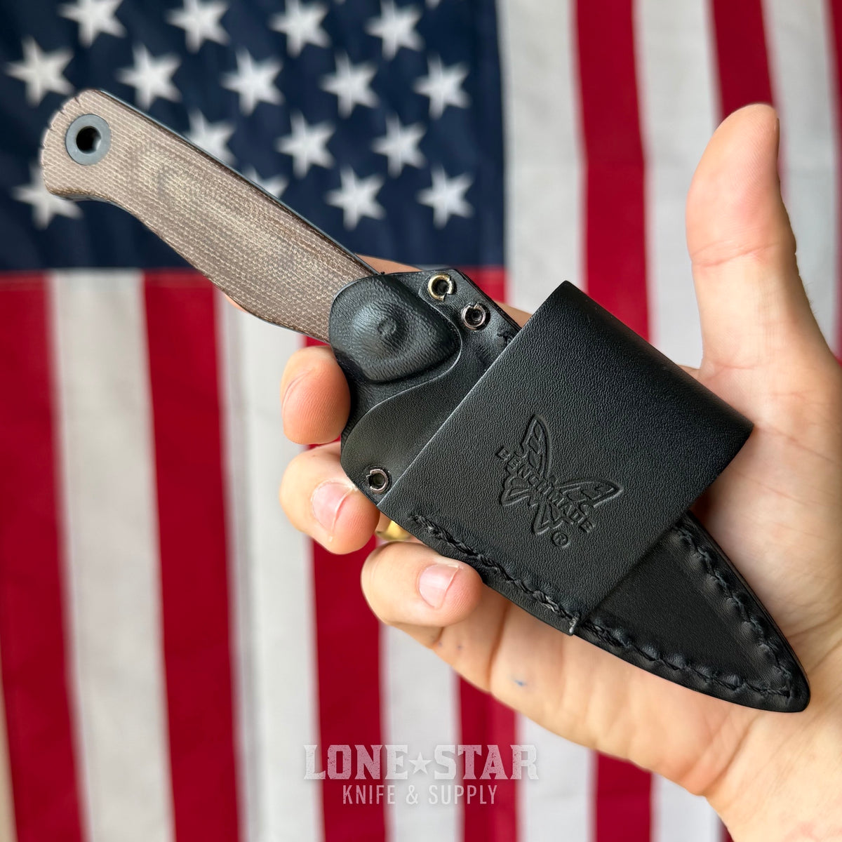 The Back Door: Benchmade Dacian Fixed Blade - Brown Canvas Micarta, 3.54" CPM-MagnaCut Spear Point, Leather Sheath - Made in USA (203BT-03) (Trade In)