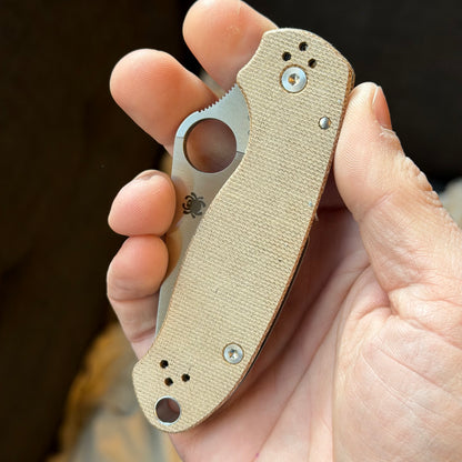 Back Door: Spyderco Para 3 CruWear & Micarta Compression Lock Folding Knife 2.95" CPM CruWear Satin Plain Blade, Brown Canvas Micarta Handles - Blemished