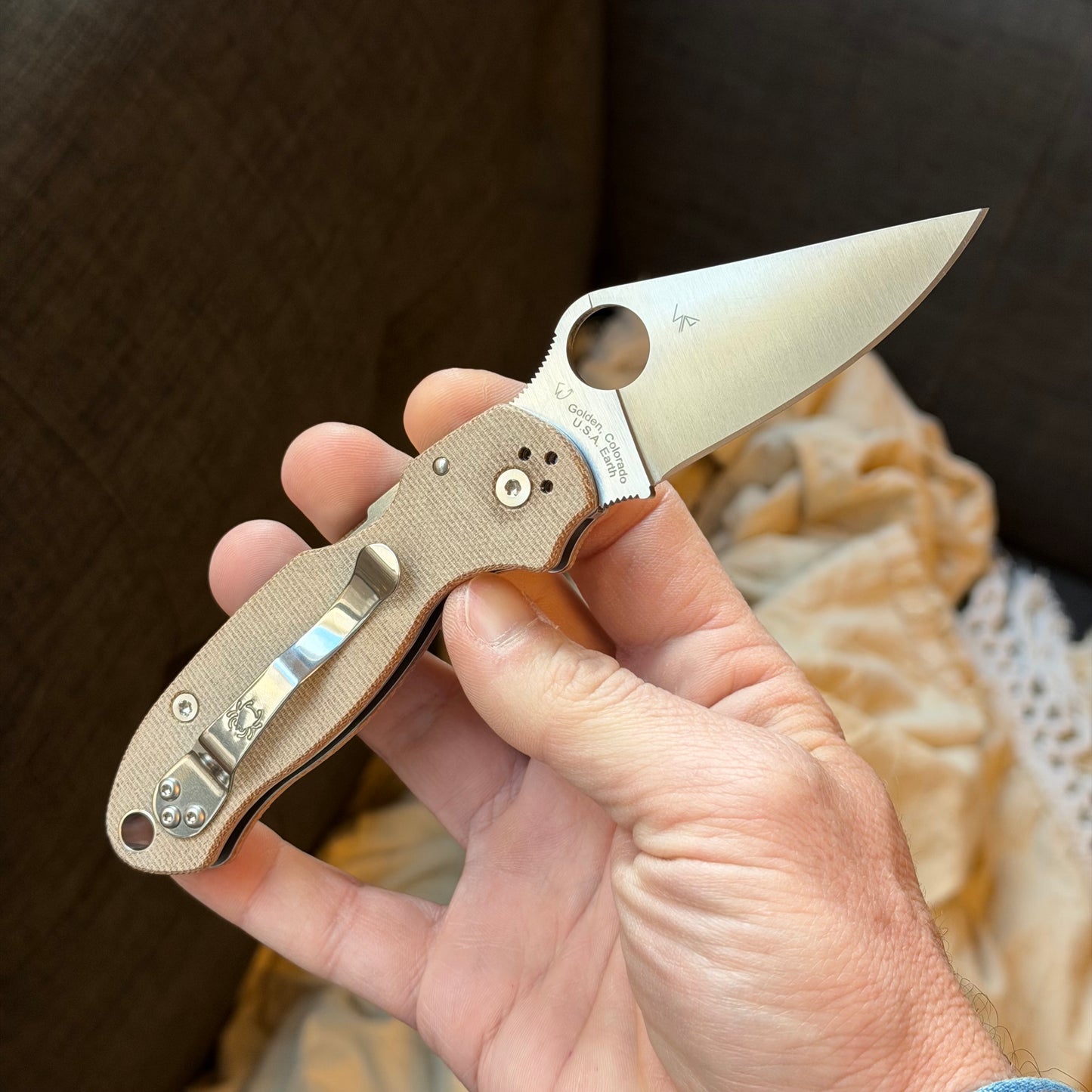 Back Door: Spyderco Para 3 CruWear & Micarta Compression Lock Folding Knife 2.95" CPM CruWear Satin Plain Blade, Brown Canvas Micarta Handles - Blemished
