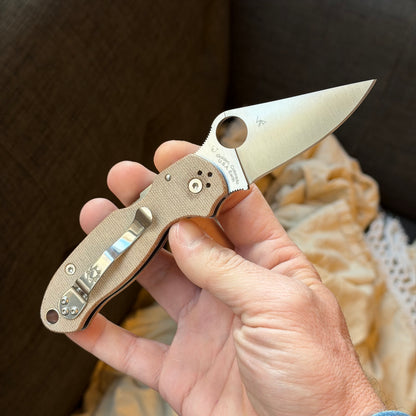 Back Door: Spyderco Para 3 CruWear & Micarta Compression Lock Folding Knife 2.95" CPM CruWear Satin Plain Blade, Brown Canvas Micarta Handles - Blemished