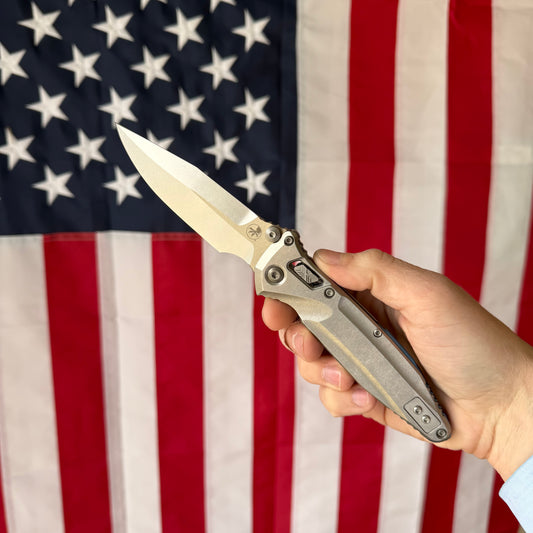 Microtech SOCOM Delta RAM-LOK Spear Point Knife, Stonewash Titanium Handle with Blue Accents, 3.9″ Blade, Made in USA (Marfione Select)