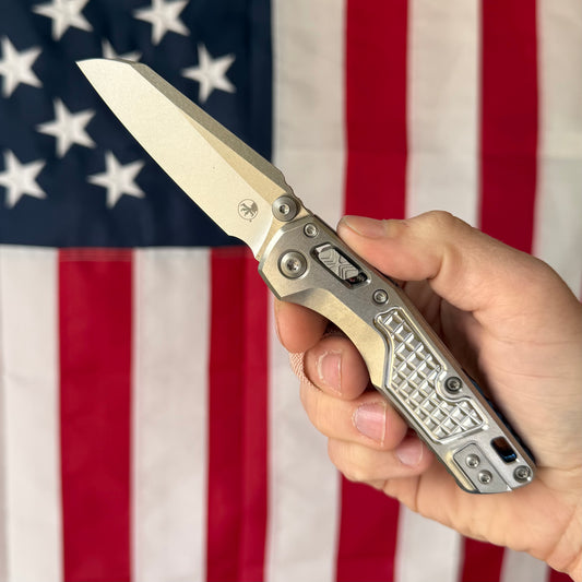 Microtech MSI Mini RAM-LOK Knife, Stonewash Titanium Frag Handle with Blue Accents, 3.25″ Blade, Made in USA (Marfione Select, 210M-10FRMS3)