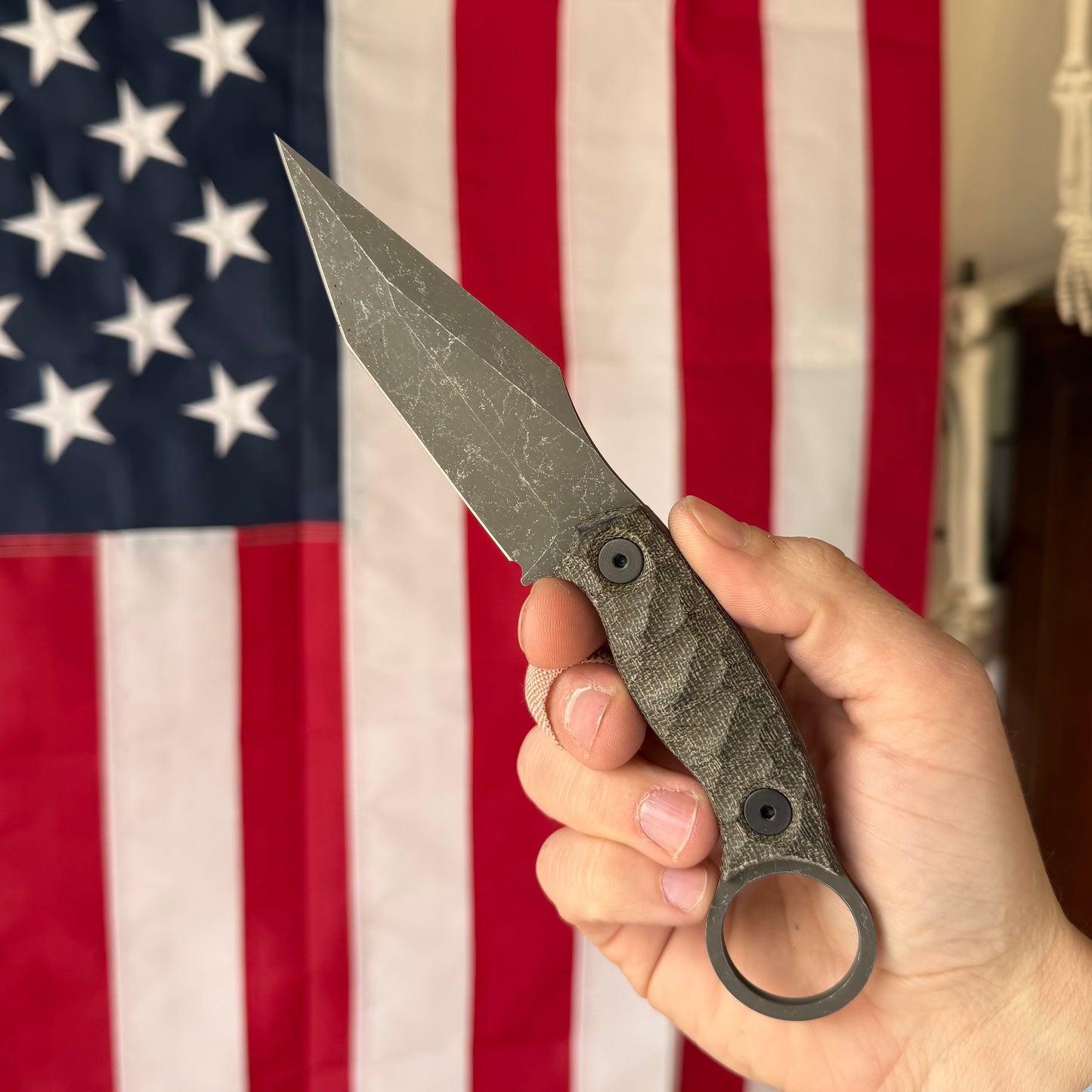 Half Face Blades Ringed Tac Tanto, OD Green Canvas Micarta Handle, Textured Grip, Made in USA