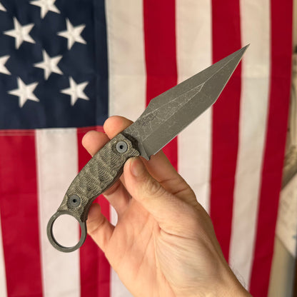 Half Face Blades Ringed Tac Tanto, OD Green Canvas Micarta Handle, Textured Grip, Made in USA