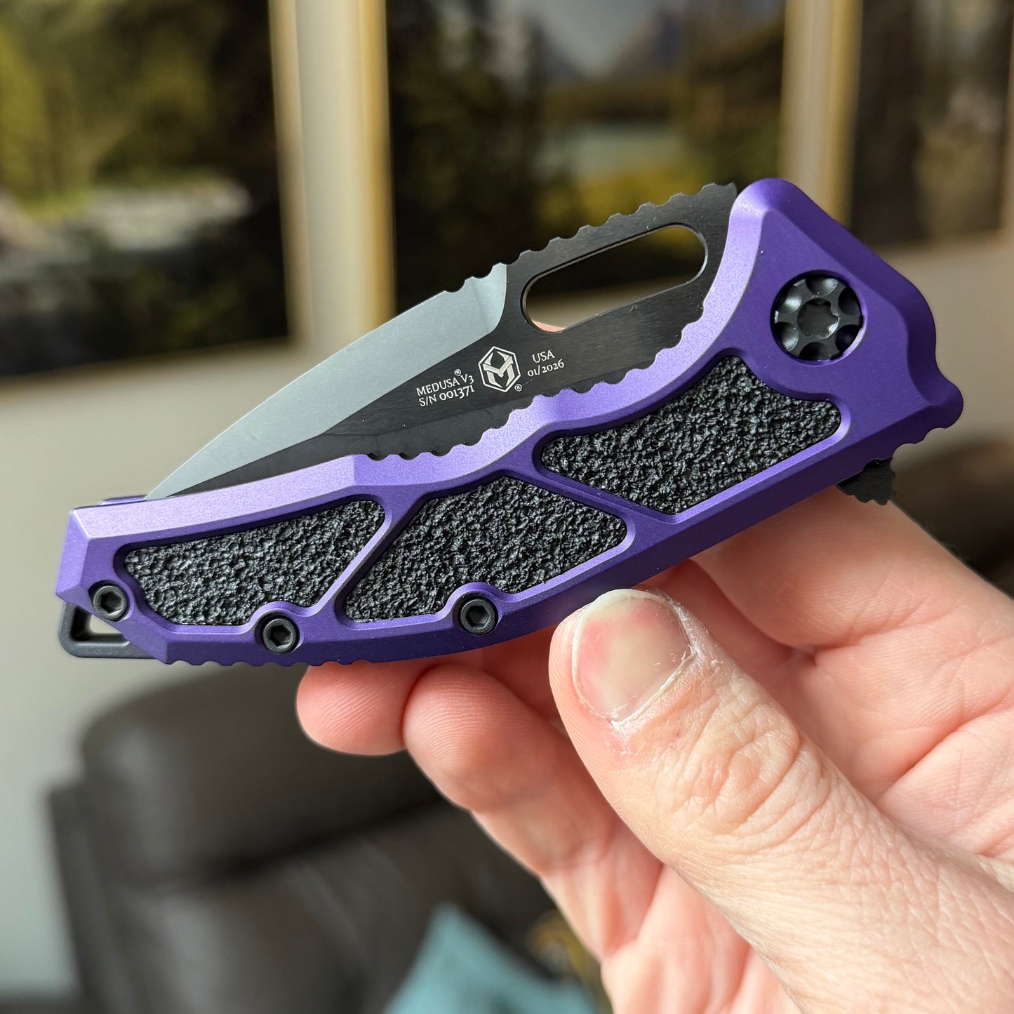 Heretic Knives Medusa Manual Tanto DLC Knife, Purple Tactical Chassis, 3” Blade – Made in USA (H009-6A-PU)