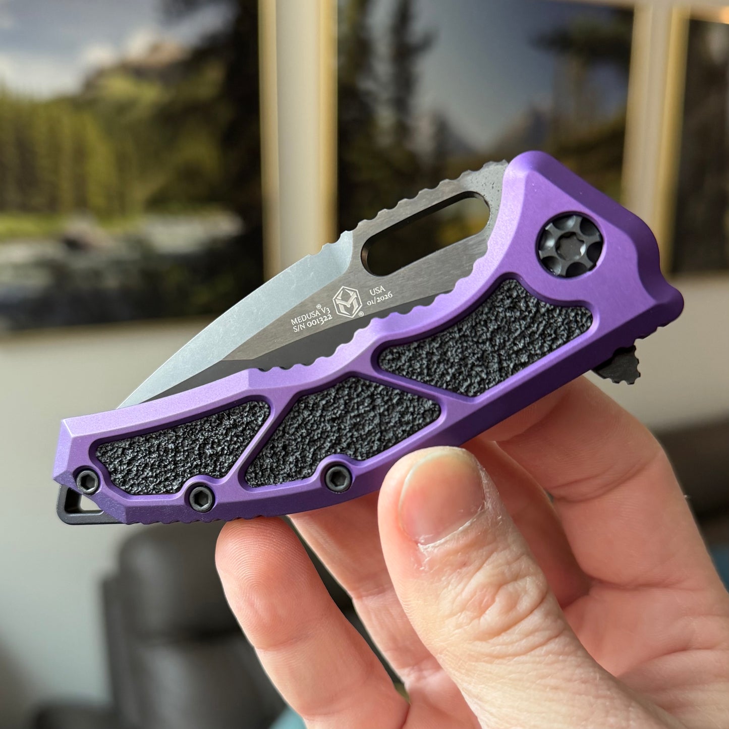 Heretic Knives Medusa Manual Recurve DLC Knife, Purple Tactical Chassis, 3” Blade – Made in USA (H010-6A-PU)