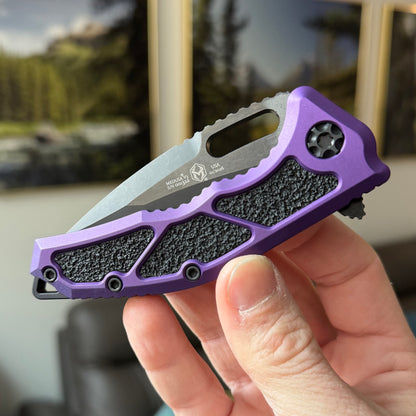 Heretic Knives Medusa Manual Recurve DLC Knife, Purple Tactical Chassis, 3” Blade – Made in USA (H010-6A-PU)