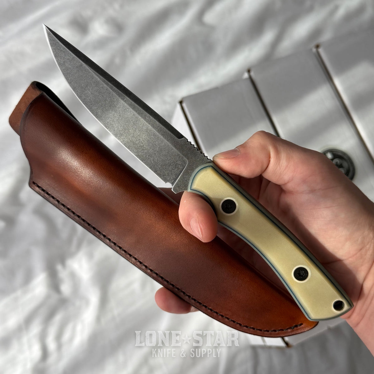 Shady Grady EDC Drifter Fixed Blade - O1 Darkened Stonewash, Paper Micarta, Leather Sheath - Made in USA (SG-DRIFTER-O1-PAPERMIC)