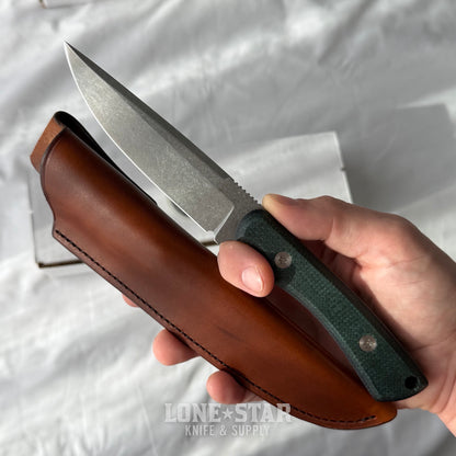 Shady Grady EDC Drifter Fixed Blade - Satin 12C27, Burlap and Green Micarta, Leather Sheath - Made in USA (SG-DRIFTER-12C27-BURLAPGRN)