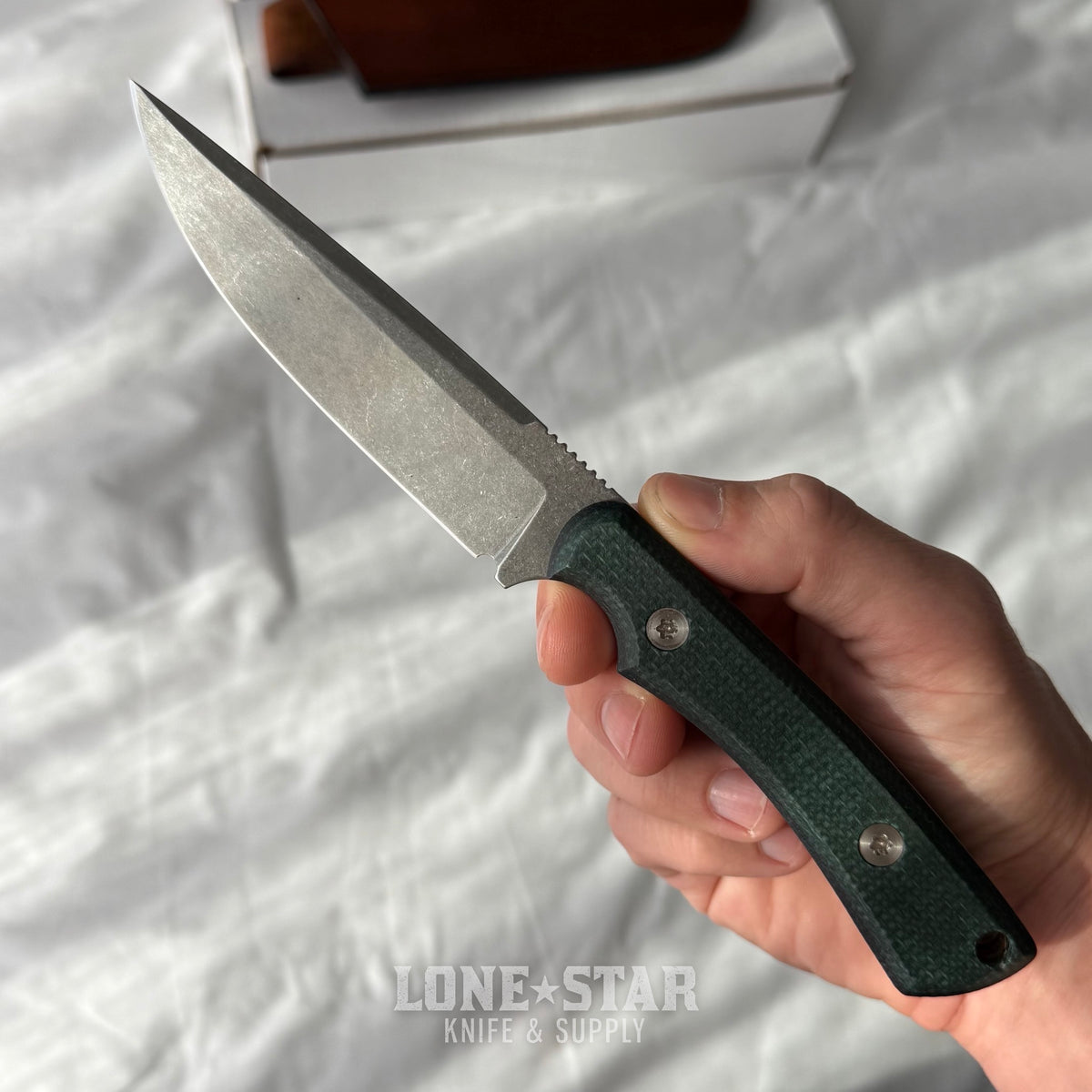 Shady Grady EDC Drifter Fixed Blade - Satin 12C27, Burlap and Green Micarta, Leather Sheath - Made in USA (SG-DRIFTER-12C27-BURLAPGRN)