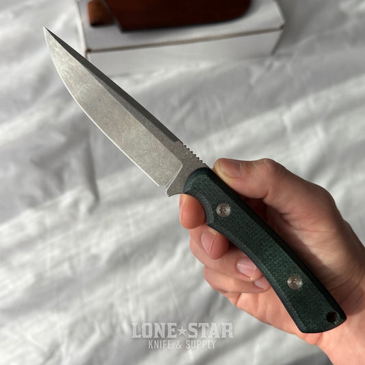Shady Grady EDC Drifter Fixed Blade - Satin 12C27, Burlap and Green Micarta, Leather Sheath - Made in USA (SG-DRIFTER-12C27-BURLAPGRN)