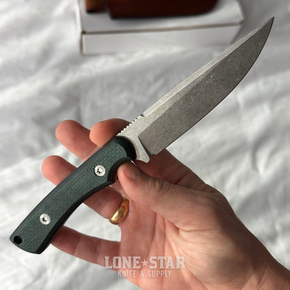Shady Grady EDC Drifter Fixed Blade - Satin 12C27, Burlap and Green Micarta, Leather Sheath - Made in USA (SG-DRIFTER-12C27-BURLAPGRN)