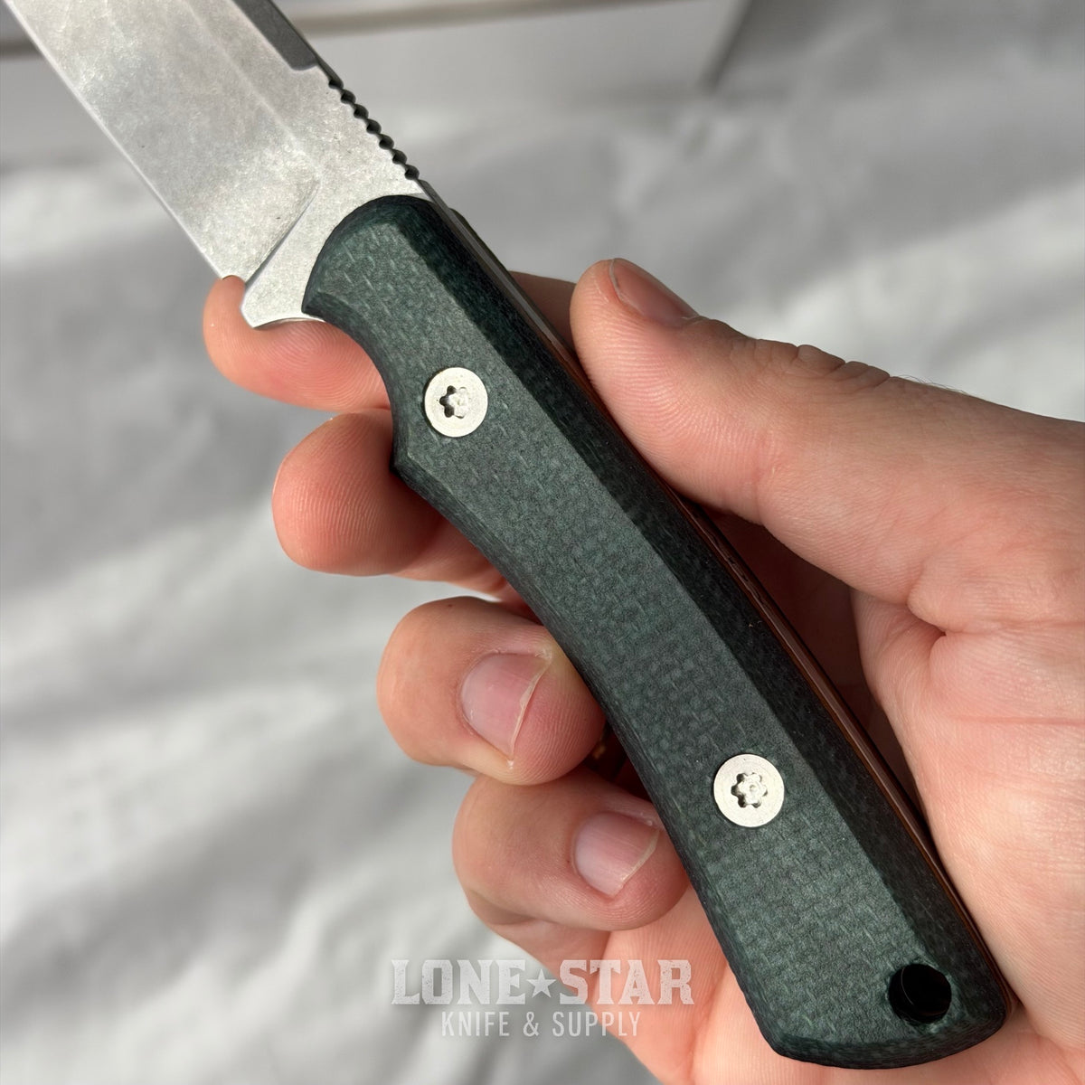Shady Grady EDC Drifter Fixed Blade - Satin 12C27, Burlap and Green Micarta, Leather Sheath - Made in USA (SG-DRIFTER-12C27-BURLAPGRN)