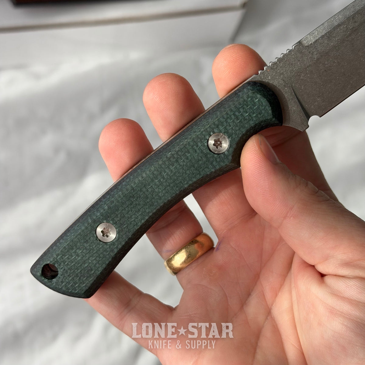 Shady Grady EDC Drifter Fixed Blade - Satin 12C27, Burlap and Green Micarta, Leather Sheath - Made in USA (SG-DRIFTER-12C27-BURLAPGRN)