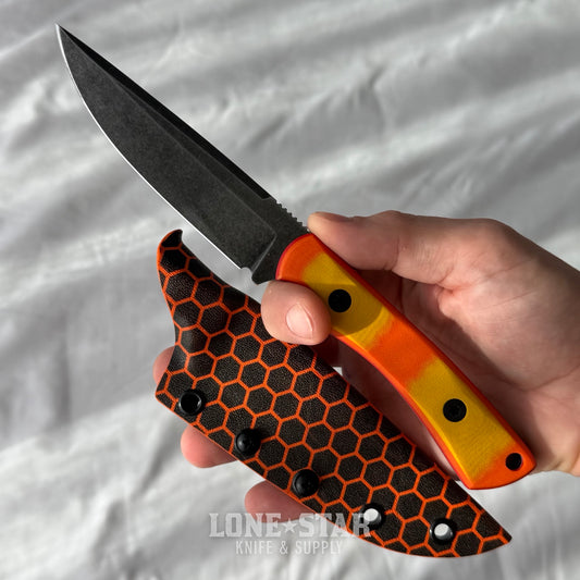 Shady Grady EDC Drifter Fixed Blade - O1 Darkened Stonewash, Orange and Yellow G10, Honeycomb Kydex Sheath - Made in USA (SG-DRIFTER-O1-ORGYELG10)