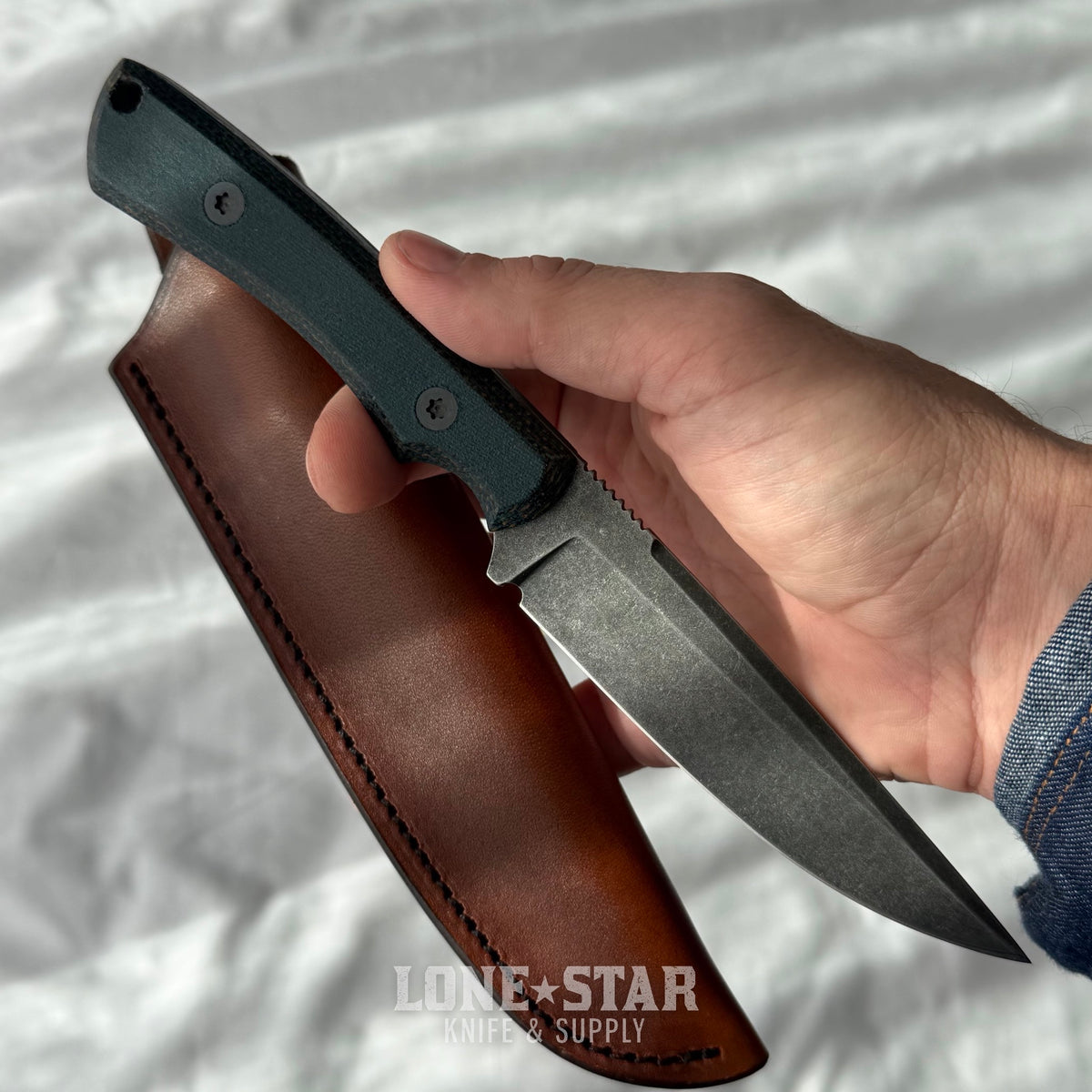 Shady Grady EDC Drifter Fixed Blade - O1 Darkened Stonewash, Green Linen Micarta, Leather Sheath - Made in USA (SG-DRIFTER-O1-GRNLINEN)