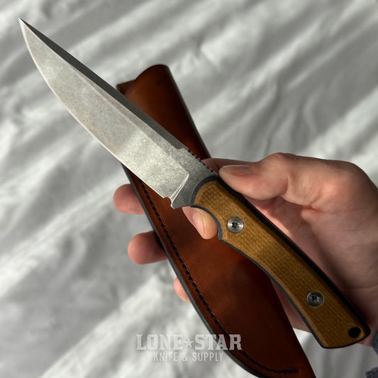 Shady Grady EDC Drifter Fixed Blade - Satin 12C27, Three Color Burlap Micarta, Leather Sheath - Made in USA (SG-DRIFTER-12C27-BURLAP3)