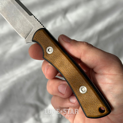 Shady Grady EDC Drifter Fixed Blade - Satin 12C27, Three Color Burlap Micarta, Leather Sheath - Made in USA (SG-DRIFTER-12C27-BURLAP3)