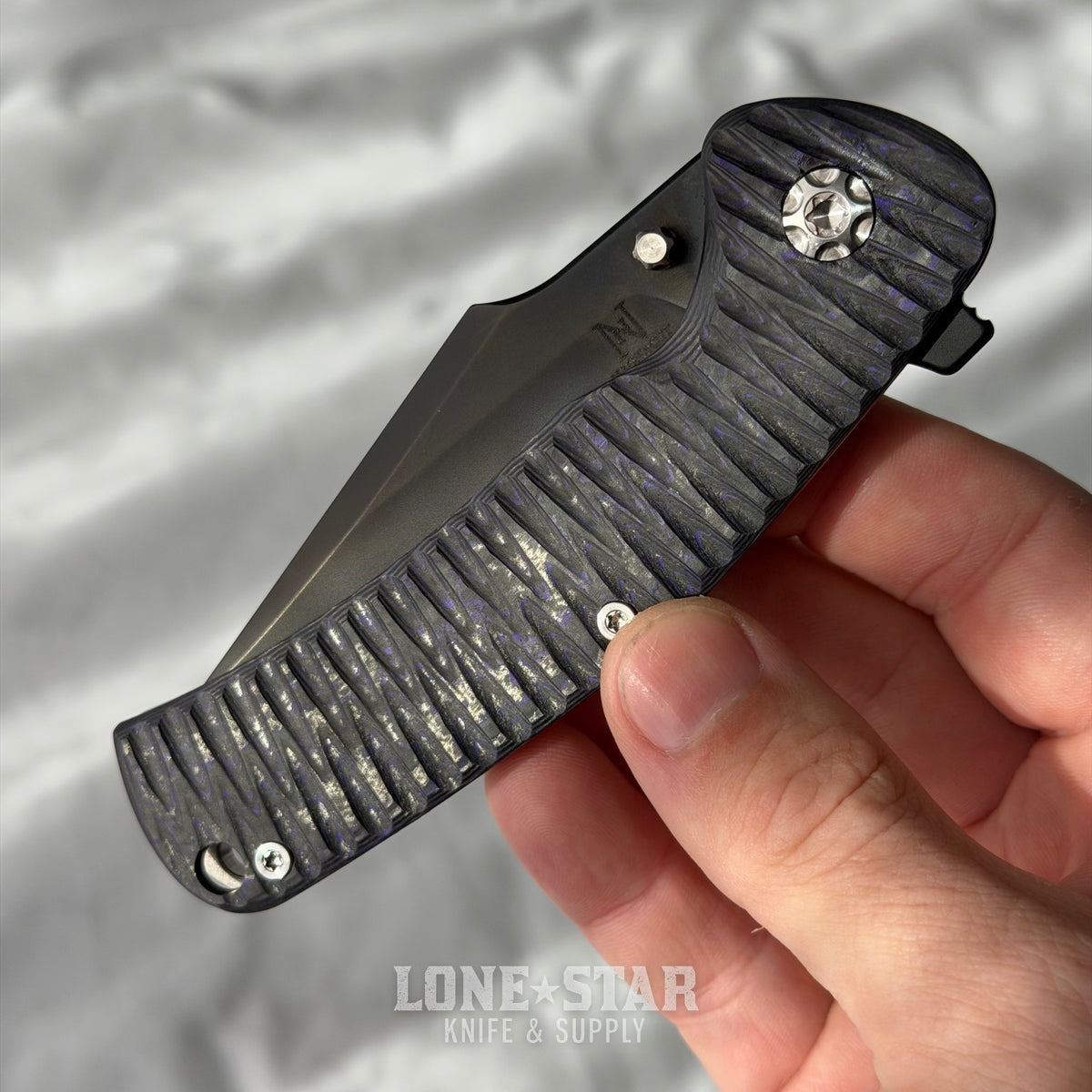 Nicholas Nichols Guppy 3.5 - 3.5" DLC MagnaCut, Purple Flow Carbon Fiber, Smooth Titanium Framelock - Made in USA (NN-GUPPY35-PURPFLOW)