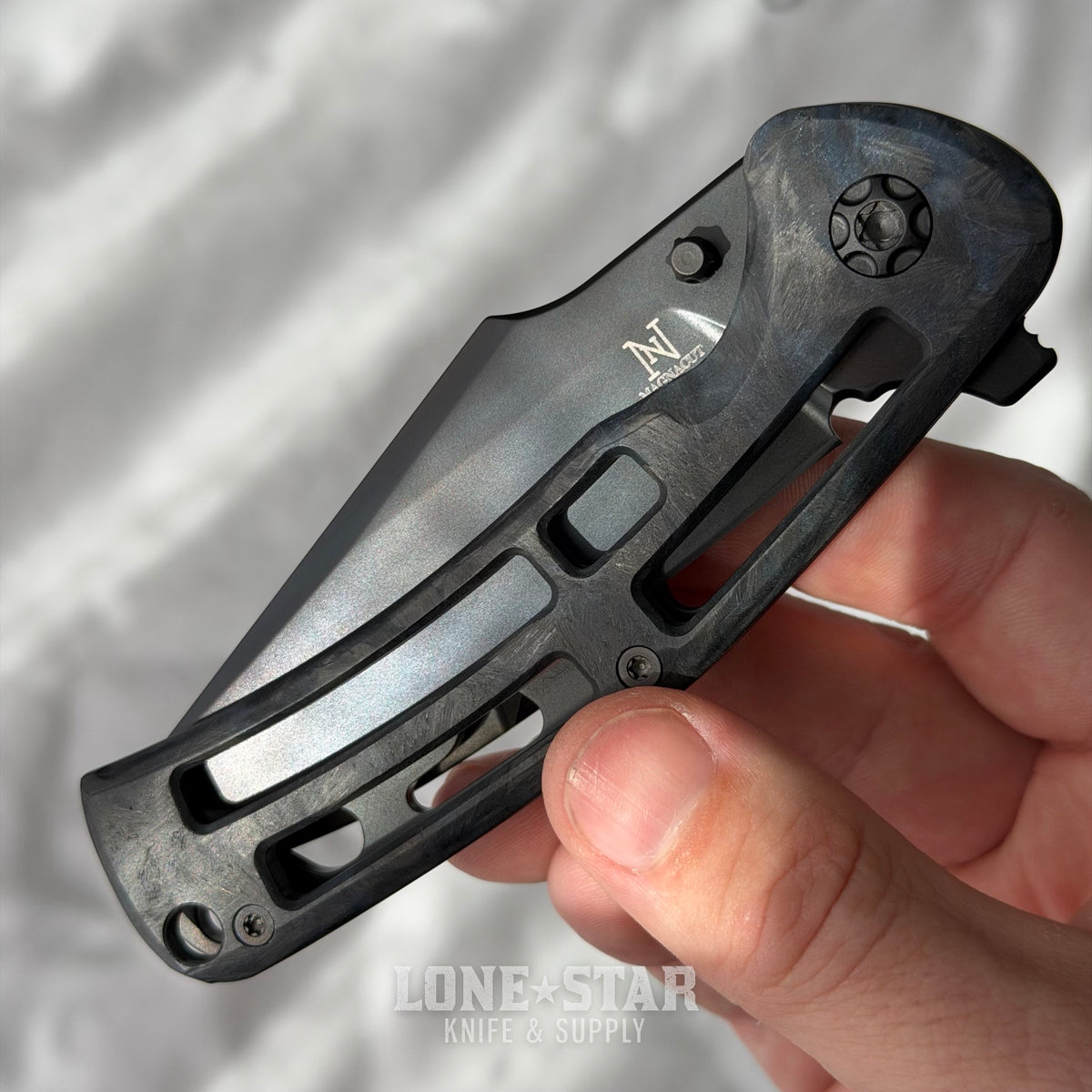 Nicholas Nichols Guppy 3.5 - 3.5" DLC MagnaCut, Black and Blue Weave Carbon Fiber, Full DLC Titanium Framelock - Made in USA (NN-GUPPY35-BLUWEAVE-DLC)